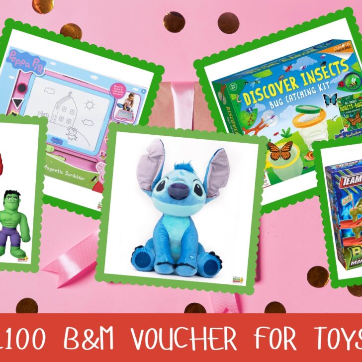 In the image, Peppa Pig is promoting a bug catching kit, a magnetic scribbler, a £100 B&M voucher for toys, and a Beast Machines Park & Drive Garage.