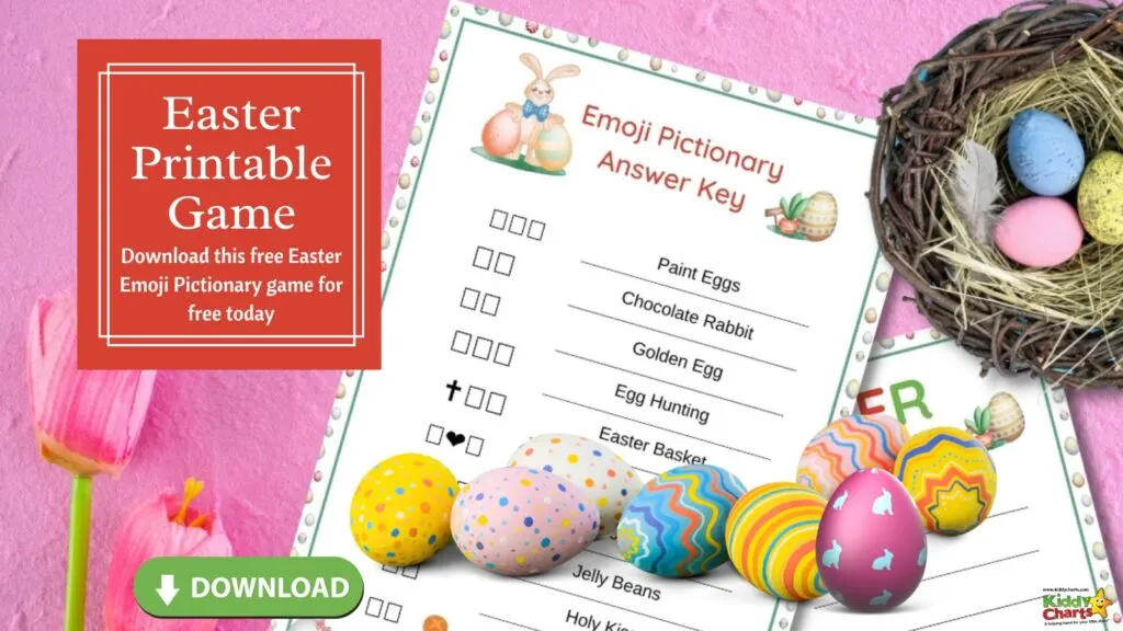 This image is a printable game of Easter Emoji Pictionary, which includes an answer key and instructions for downloading a free Easter Paint Eggs Emoji Pictionary game.