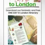 This image is showing a family planning a day trip to London, with a free itinerary download available from the website www.kiddycharts.com.
