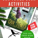 The image is promoting a free kids book club and encouraging children to use their imagination to decorate a tree featured in the book "Our Tower".