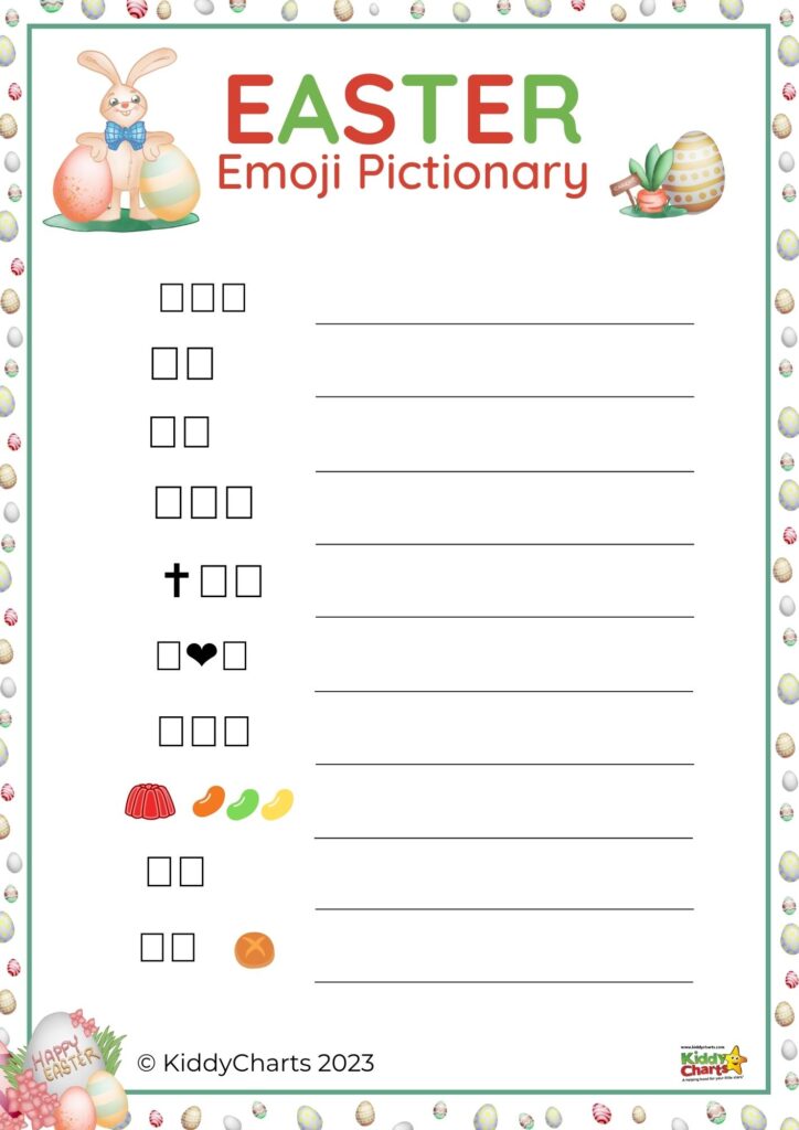 The image is showing a game of Easter Emoji Pictionary being played by children, with the help of KiddyCharts 2023 website.