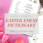 This image is providing a free download of an Easter Emoji Pictionary Answer Key, as well as a link to printable Easter Emoji Pictionary.
