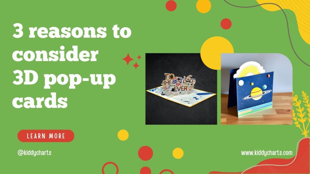 The image is showing three reasons to consider 3D pop-up cards from Kiddycharts as the best choice for DADA cards.