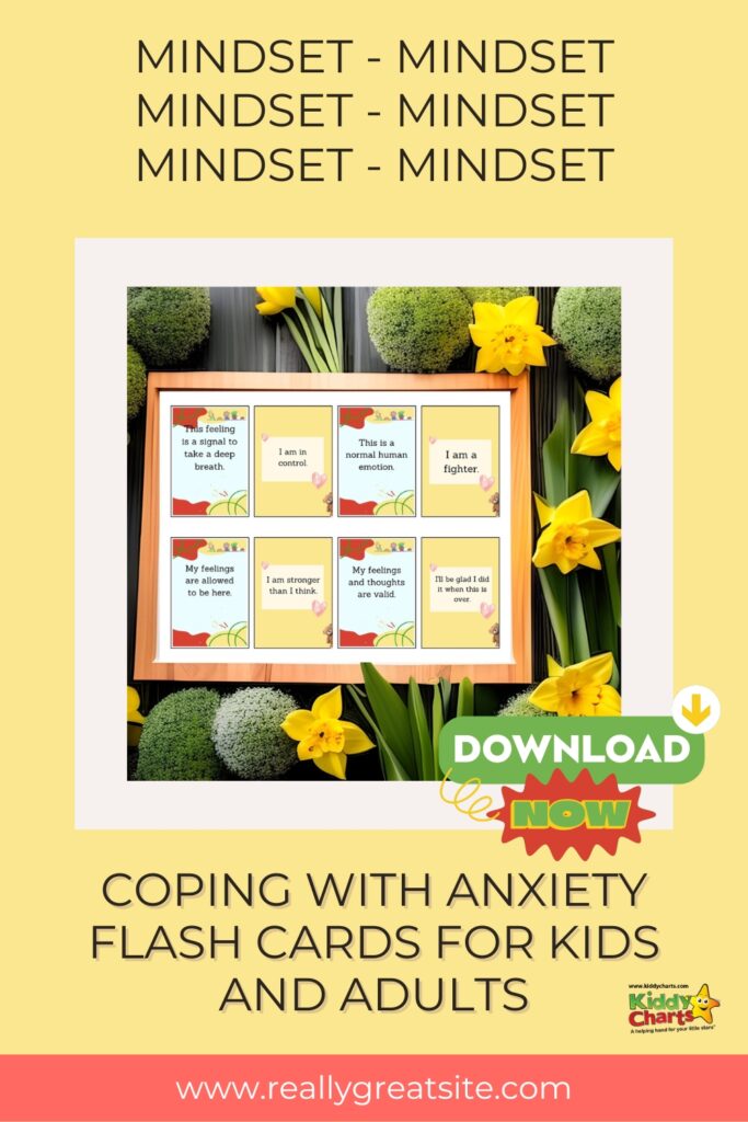 This image is promoting a product to help people cope with anxiety by providing flash cards for both kids and adults.
