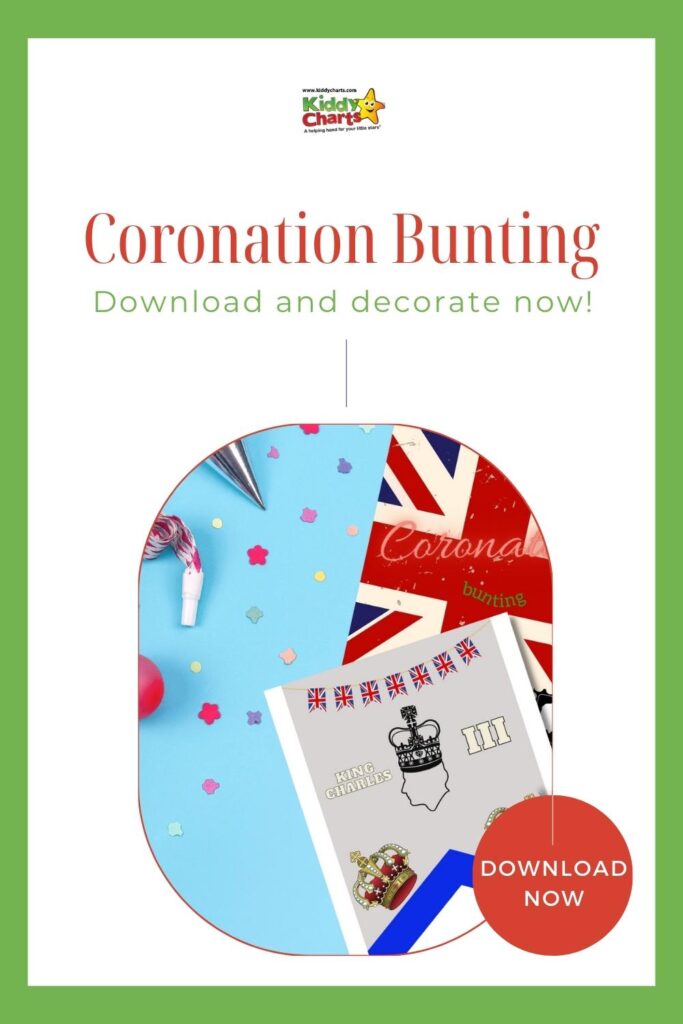 This image is promoting a free download of coronation bunting to decorate for King Charles.