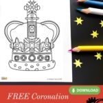 In this image, KiddyCharts is offering free coronation coloring pages to commemorate a historic day.