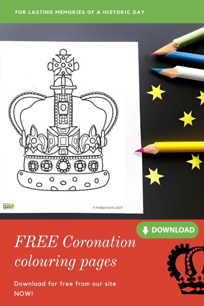 In this image, KiddyCharts is offering free coronation coloring pages to commemorate a historic day.