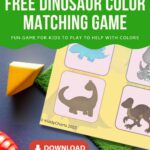This image is advertising a free dinosaur-themed color matching game for kids to help them learn colors, available for download from KiddyCharts in 2023.