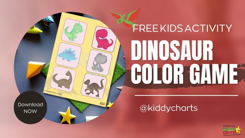 In this image, KiddyCharts is offering a free kids activity dinosaur color game in 2023, and encourages viewers to download the KiddyCharts app for more helpful resources.