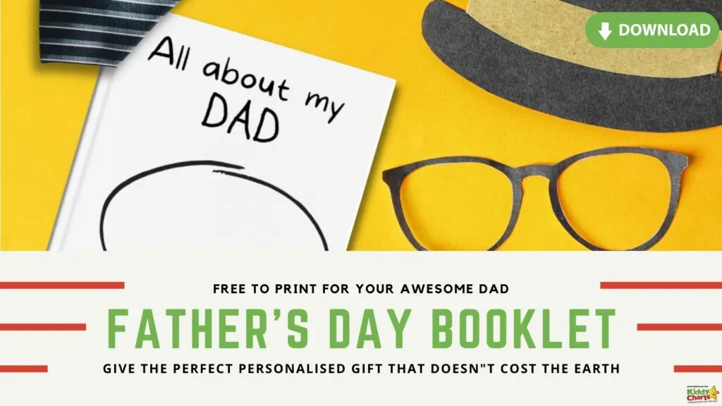 The image is promoting a Father's Day booklet that can be downloaded for free and printed to give a personalized gift for Father's Day.