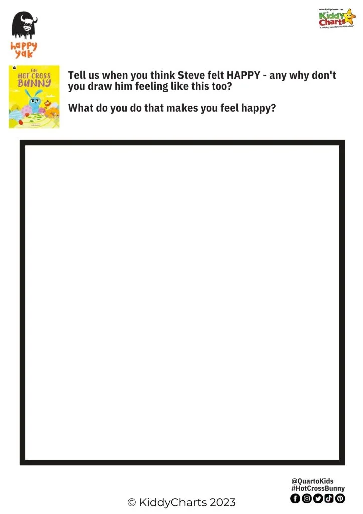 Steve felt happy when he heard the story of the Hot Cross Bunny, and he was encouraged to draw a picture of himself feeling happy and to think about what makes him happy.