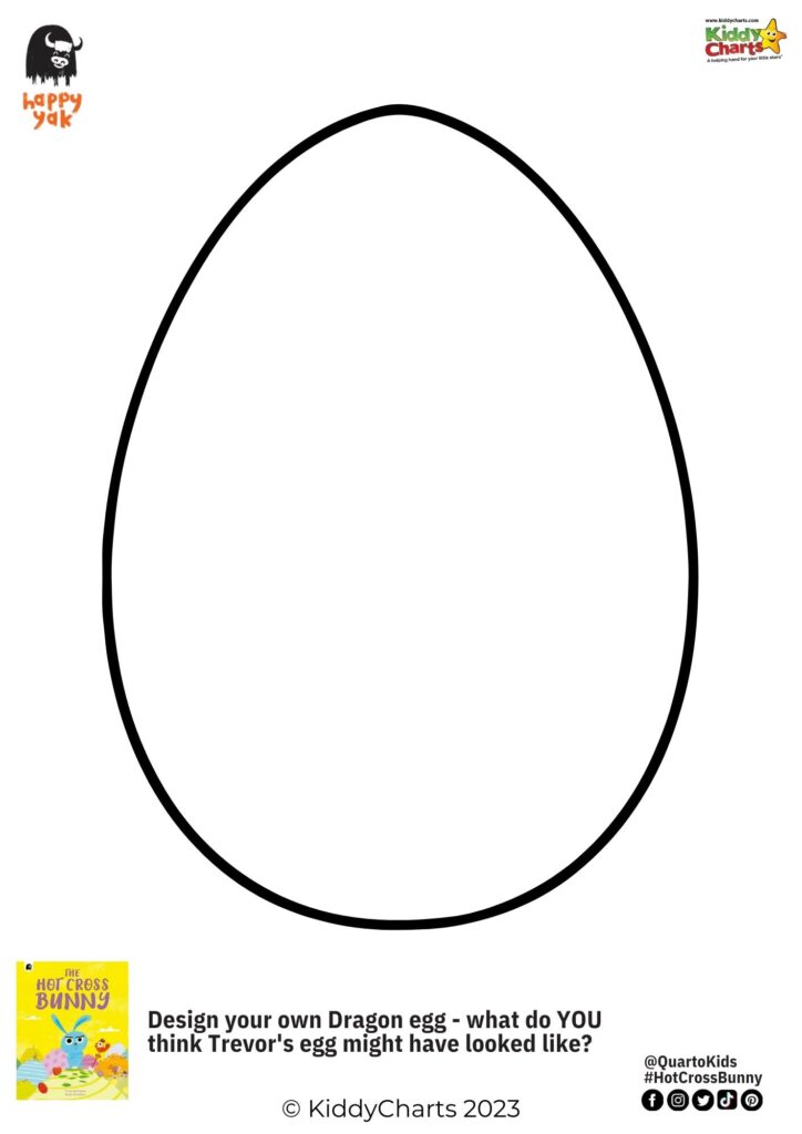 In this image, people are encouraged to design their own dragon egg based on what they think Trevor's egg might have looked like, as part of the Hot Cross Bunny campaign by Kiddy Charts in 2023.