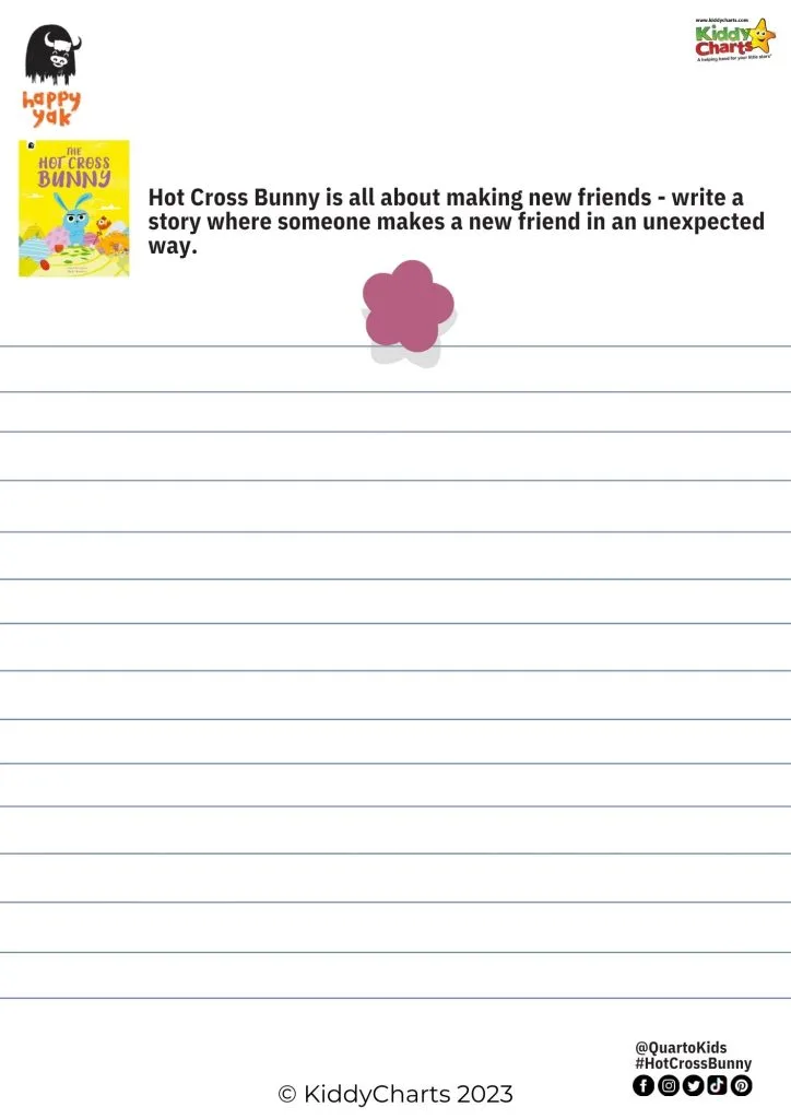 In this image, Kiddy Charts is encouraging children to write a story about making a new friend in an unexpected way, using the character Hot Cross Bunny as inspiration.