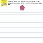 In this image, Kiddy Charts is encouraging children to write a story about someone making a new friend in an unexpected way.