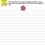 In this image, Kiddy Charts is encouraging children to write a story about someone making a new friend in an unexpected way.