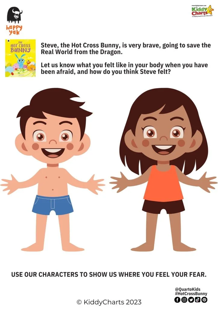 In this image, Steve the Hot Cross Bunny as being brave and going to save the Bunny Real World from a Dragon, while Kiddy Charts encourages viewers to use their characters to show where they feel their fear.