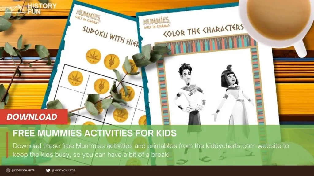This image is promoting free Mummies activities and printables from the Kiddycharts website for kids to enjoy while parents take a break.
