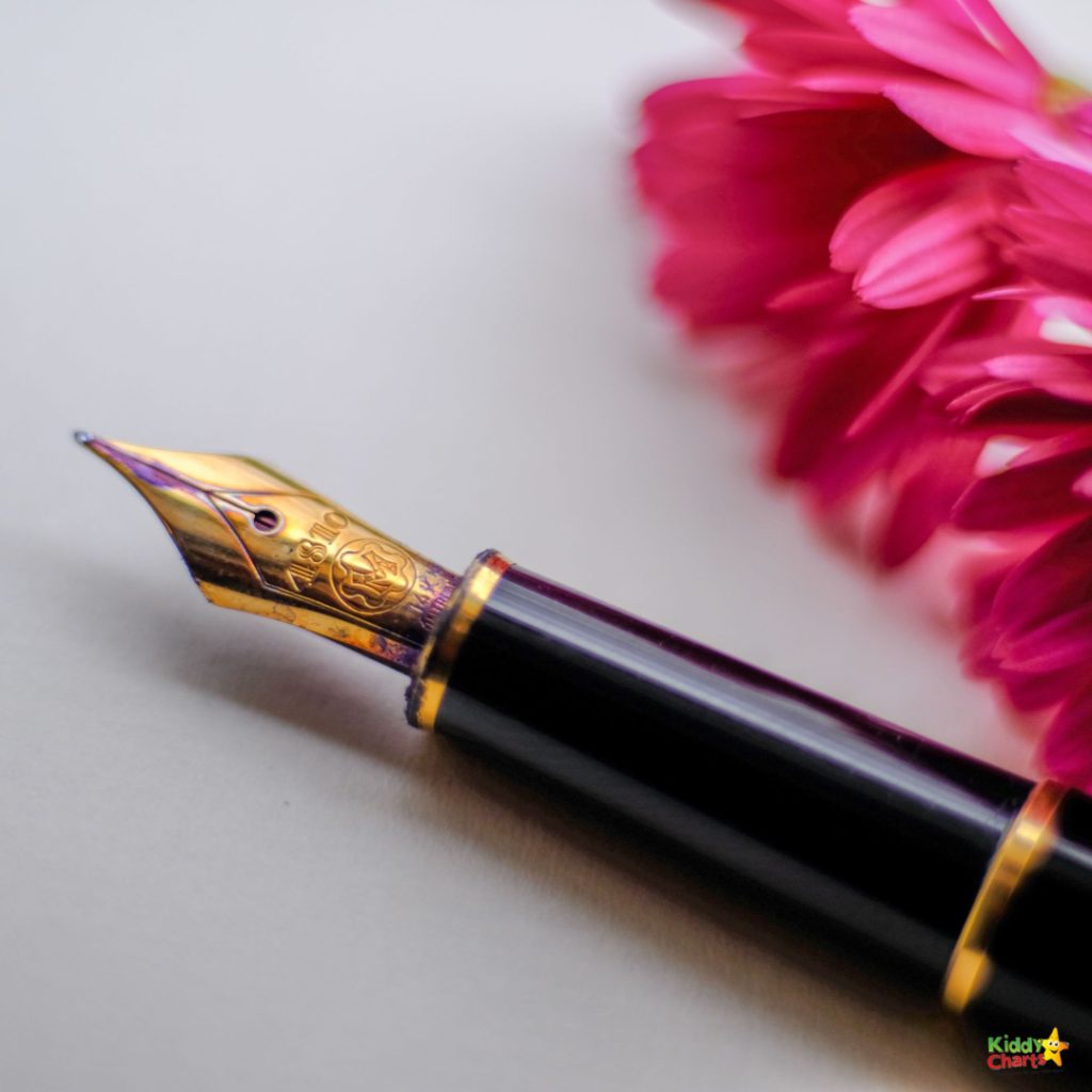 A fountain pen sits atop a stack of office supplies and marking tools, surrounded by a colorful flower, adding a touch of beauty to the stationery from Kiddy & Charts.