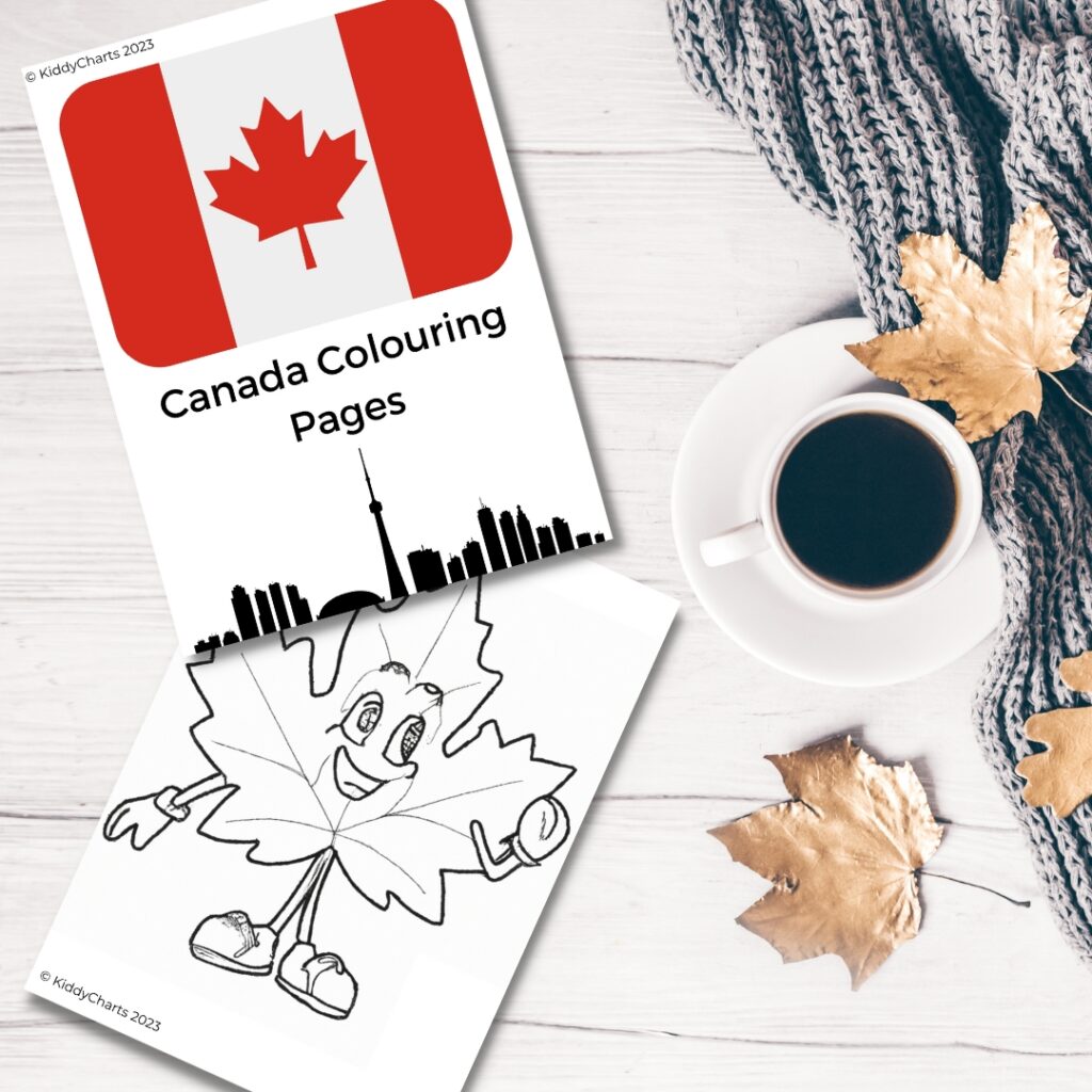 This image is a promotional advertisement for KiddyCharts' 2023 Canada Colouring Pages.