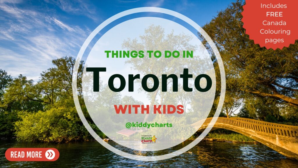 This image is promoting Kiddy Charts, a website that provides helpful activities for parents to do with their children in Toronto, including free Canada coloring pages.