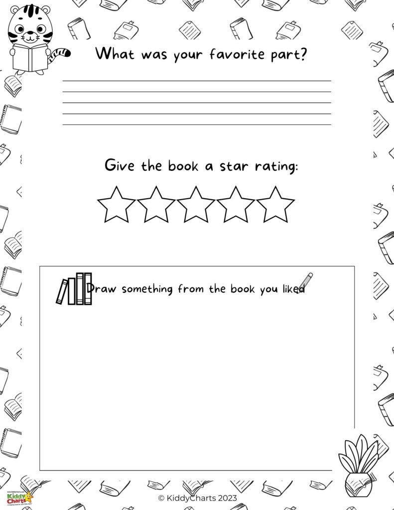 A person is rating a book by giving it a star rating and drawing something from the book they liked.