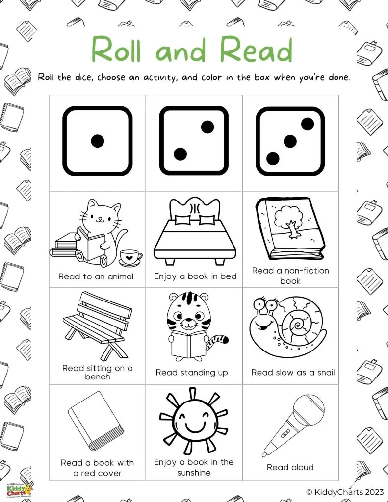 In this image, a dice is being rolled to choose an activity from a list of reading activities, which will then be colored in when completed.