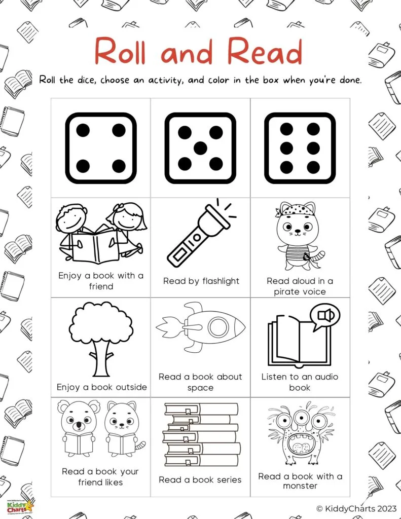 In this image, children are encouraged to roll a dice to choose from a variety of fun reading activities and color in the box when they are done.