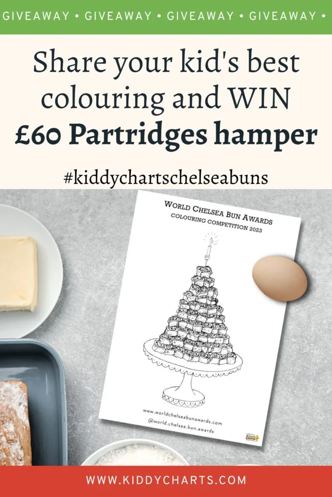 A coloring competition is being held in 2023 by World Chelsea Bun Awards, with a chance to win a £60 Partridges hamper by sharing a kid's best coloring on Kiddycharts Chelsea Buns.