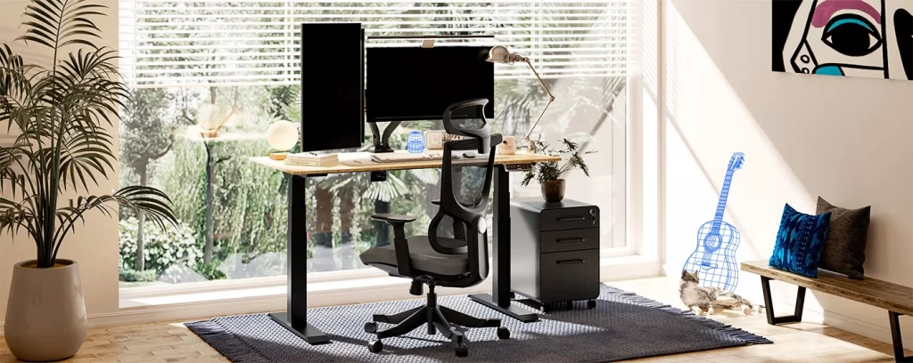 A modern office with a computer desk, chair, desktop computer, computer monitor, output device, houseplant, vase, and text on the table is illuminated by the window, creating a cozy interior design.