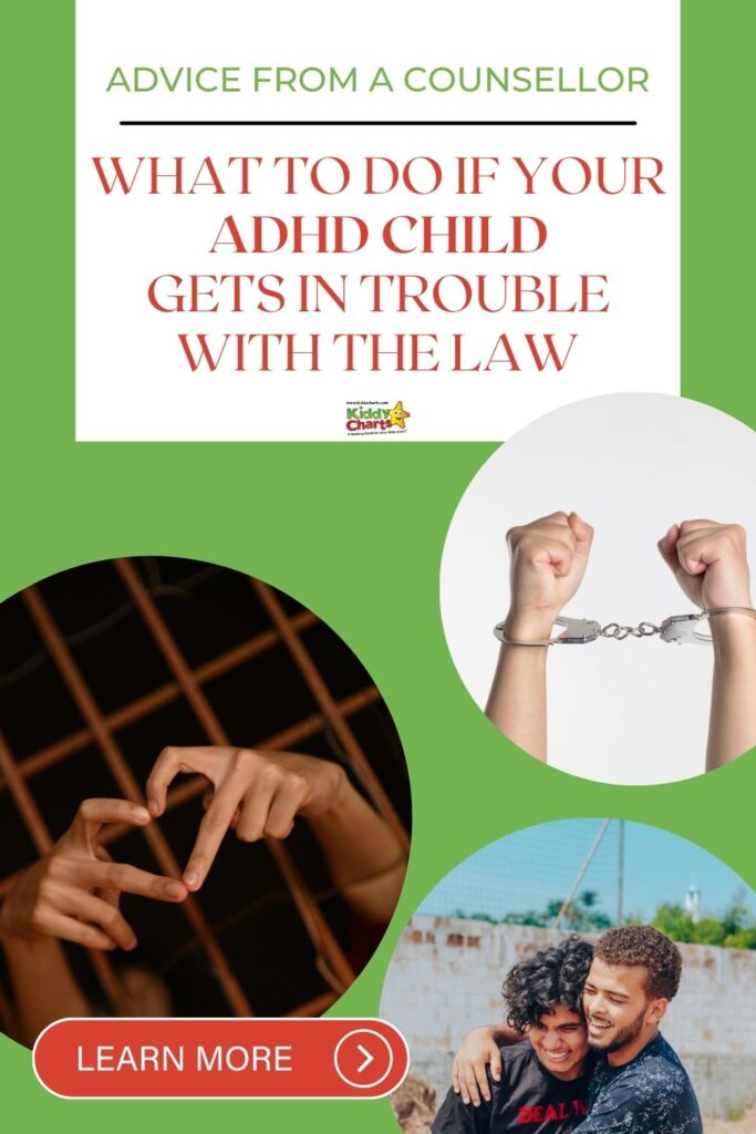 In this image, a counselor is providing advice on what to do if a child with ADHD gets in trouble with the law.