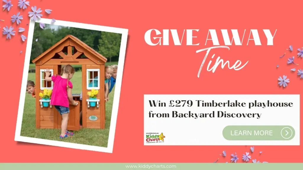 This image is promoting a giveaway for a chance to win a £279 Timberlake playhouse from Backyard Discovery.