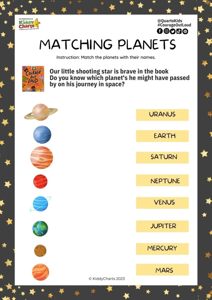In this image, children are being instructed to match the names of planets with their corresponding symbols.