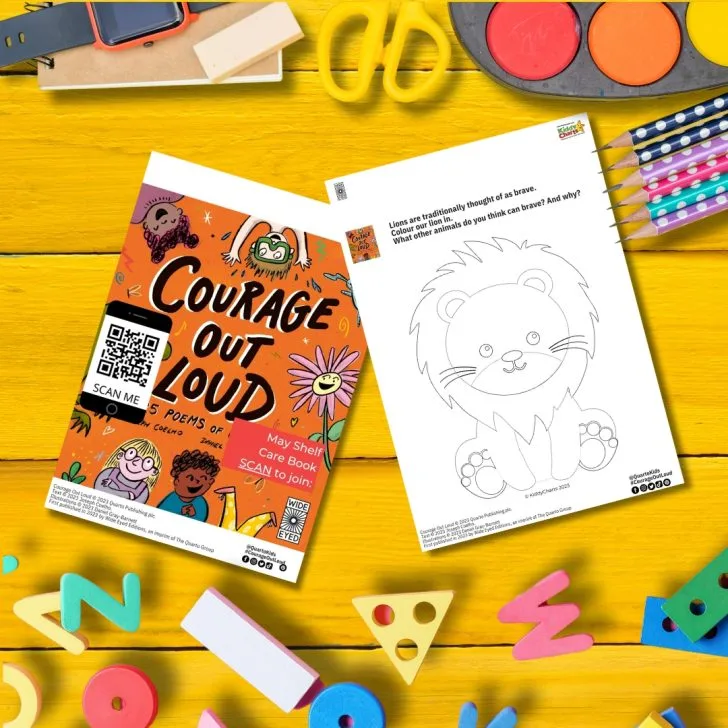 In this image, people are encouraged to colour in a lion and think of other animals that can be brave and why.