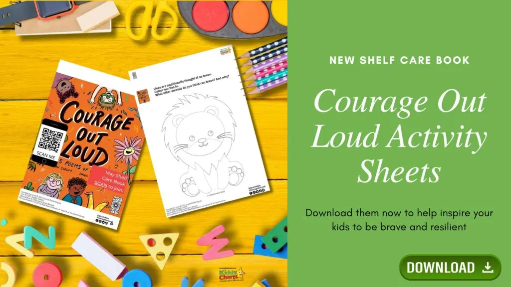In this image, a lion is being colored in to represent courage and bravery, and five poems from Paulo Coelho's book "Courage Out Loud" are being offered for download to help inspire children to be brave and resilient.