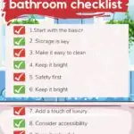This image provides a checklist of tips for designing a family bathroom, such as starting with the basics, adding storage, making it easy to clean, and considering accessibility.