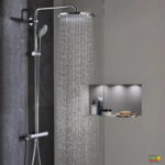 A modern bathroom with a plumbing fixture, tap, and shower is designed to provide a comfortable and stylish atmosphere.