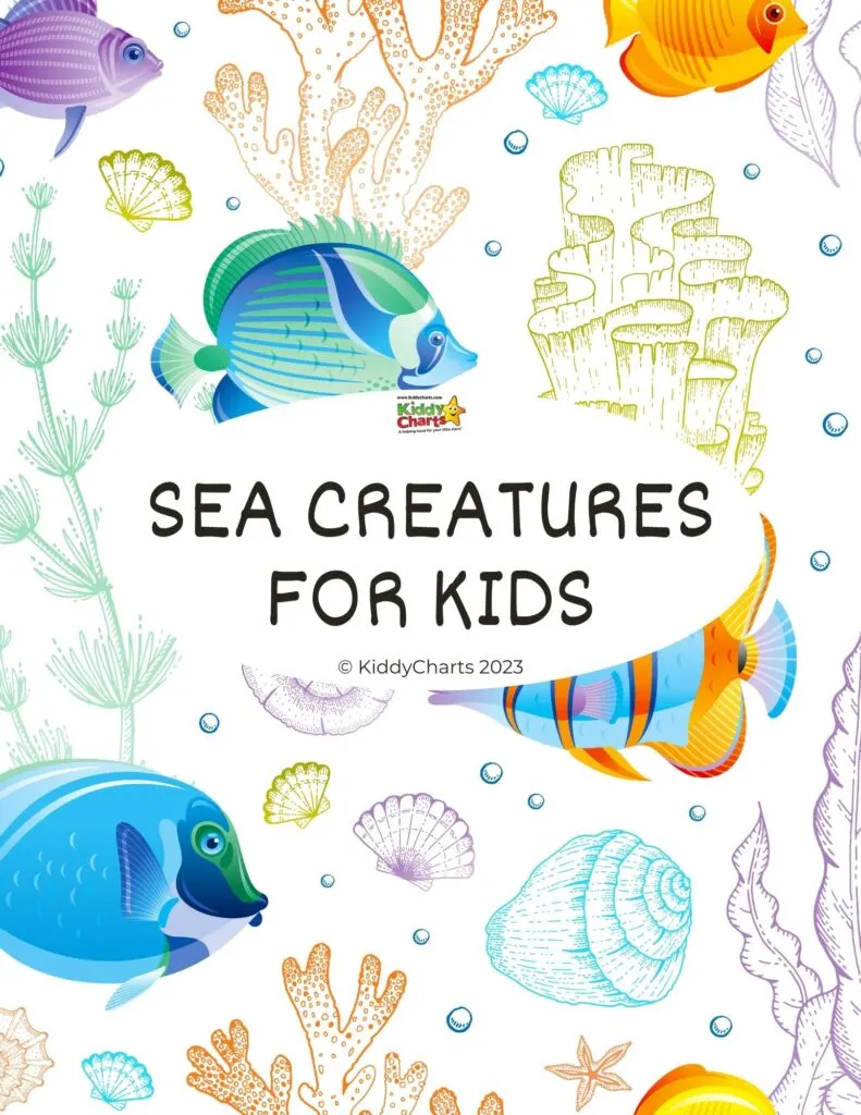 The image is promoting KiddyCharts, a website providing resources to help children learn about sea creatures in preparation for 2023.