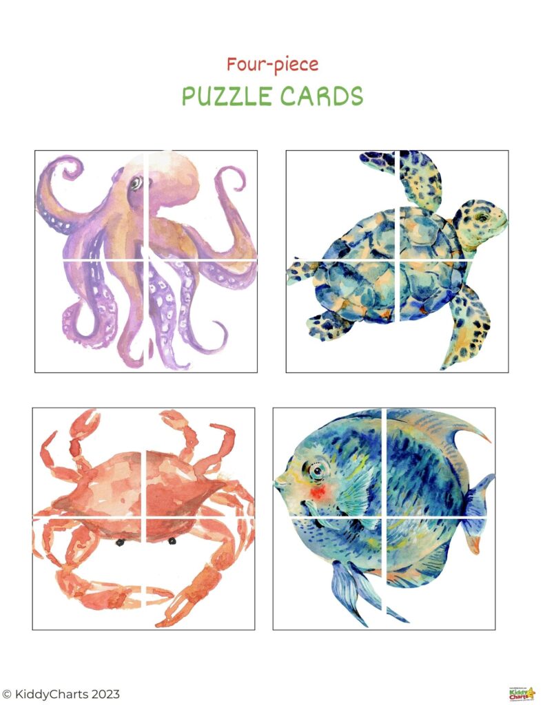 Four puzzle cards are being put together to form a larger picture.