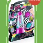 This image is advertising a giveaway of five slime kits from Kiddy Charts and Kiddy TVAV that come with two lava slime packs, colors, and glow-in-the-dark features.