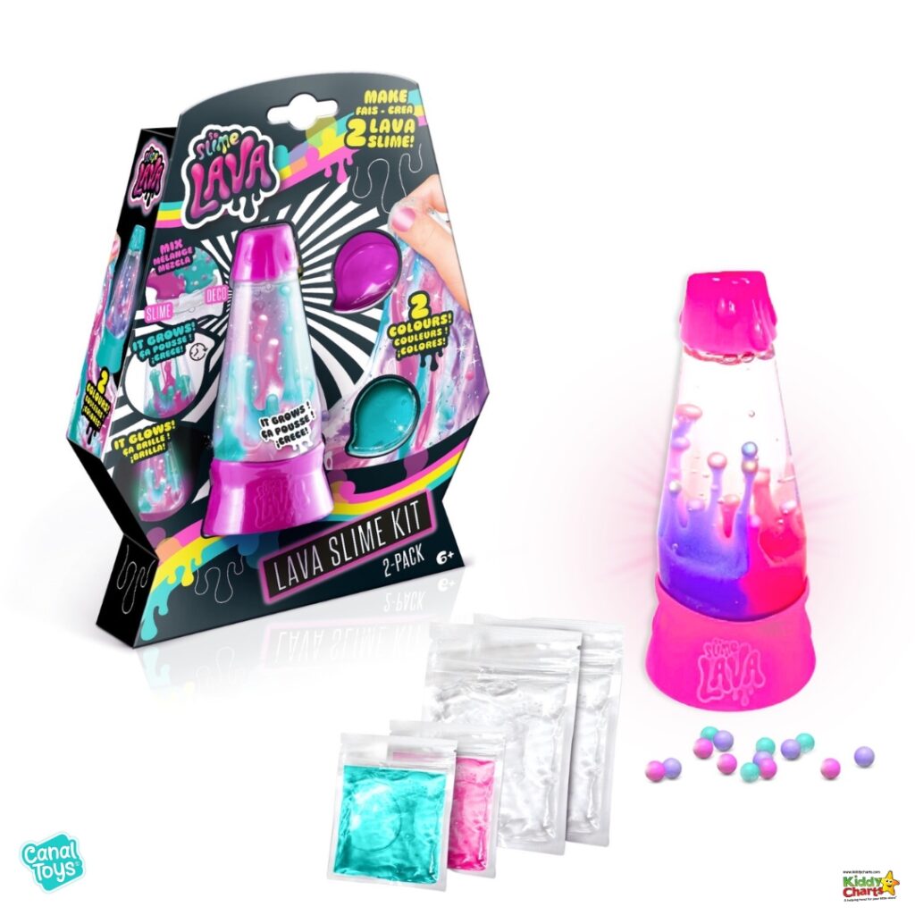 A plastic bottle of Canal LAVA Toys® Kiddyes Charts Lava Slime Kit 2-Pack glows and grows in two colors, inviting kids to "MAKE FAIS - CREA LAVA SLIME!" and watch it grow.