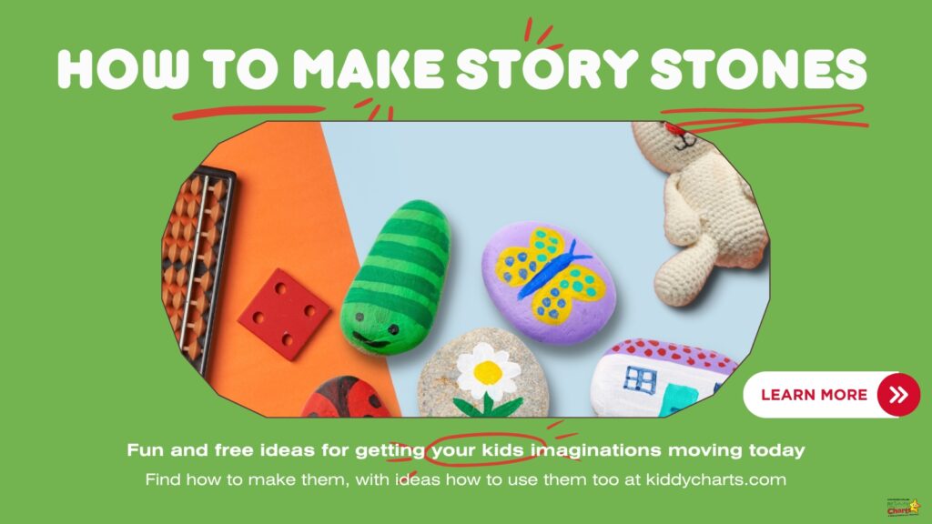 Children are creating story stones by using ideas from Kiddycharts.com to get their imaginations moving.
