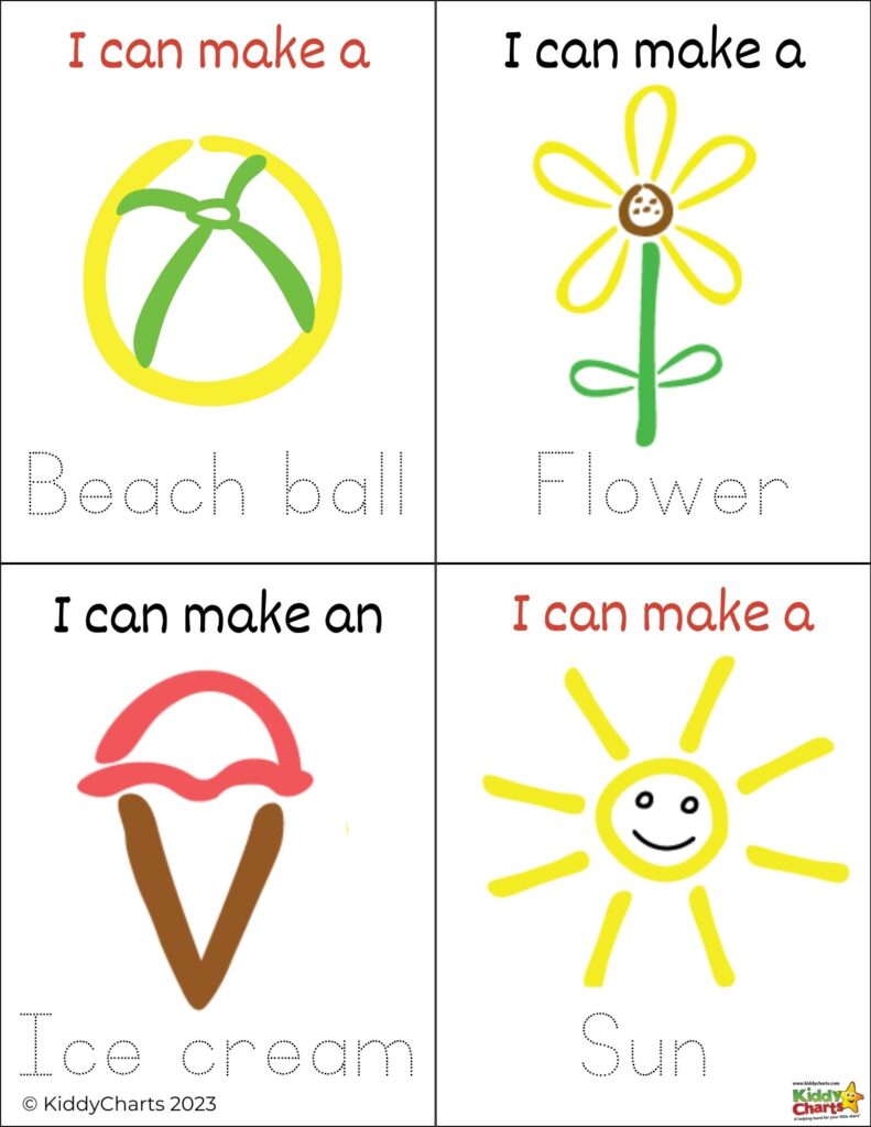 A child is creating a beach scene with various items, such as a beach ball, flower, and ice cream.