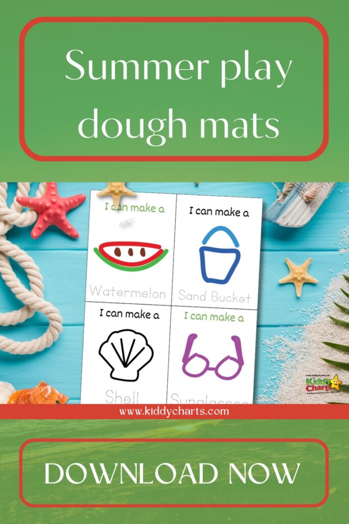 This image shows a variety of summer-themed play dough mats that children can make with a helping hand from Kiddy Charts.