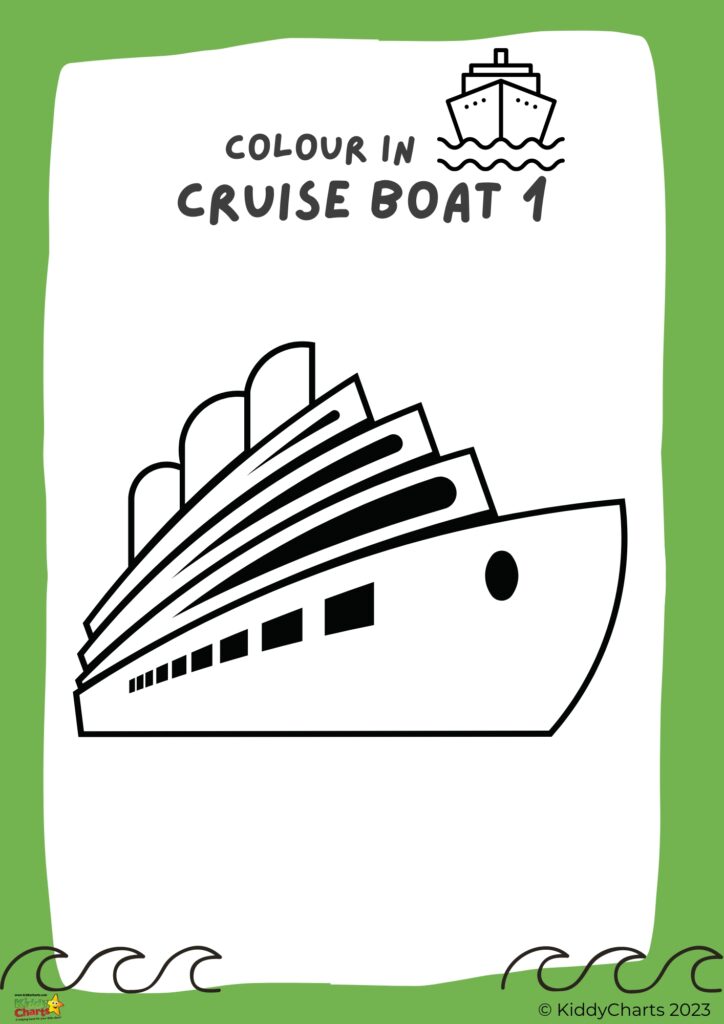A child is coloring in a picture of a cruise boat on a website called KiddyCharts.
