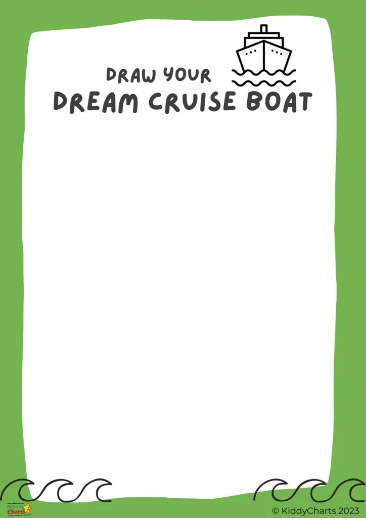 The image shows a prompt for children to draw their dream cruise boat for a competition hosted by KiddyCharts in 2023.