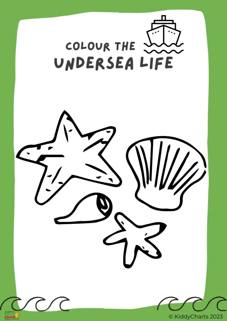Children are coloring a picture of underwater life from the website KiddyCharts.com.