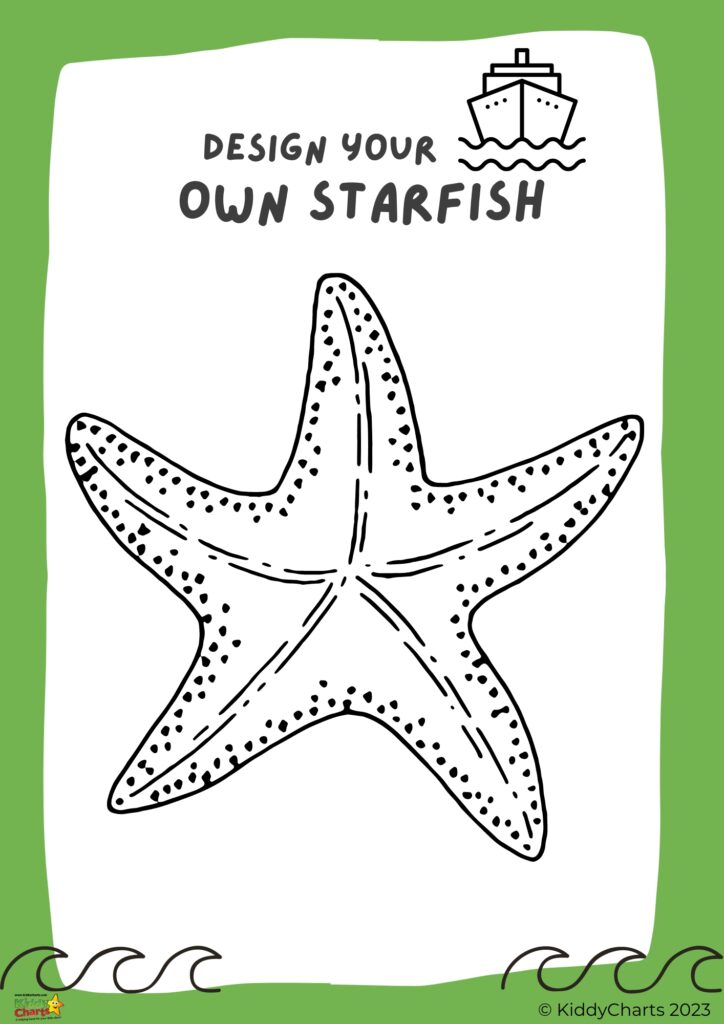 A colorful drawing of a starfish with the text "Design Your Own Starfish" on the website KiddyCharts.
