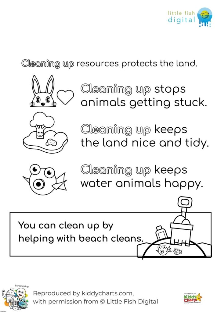 In this image, a group of children are shown helping to clean up resources to protect the land and keep water animals happy.