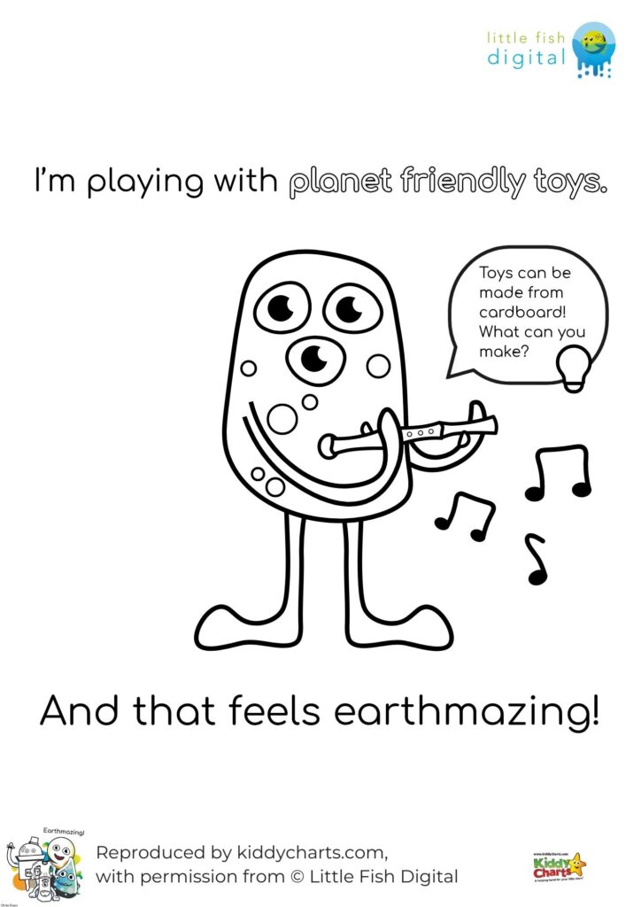 In this image, a child is playing with planet-friendly toys made from cardboard and expressing their excitement about the activity with the phrase "Earthmazing!".