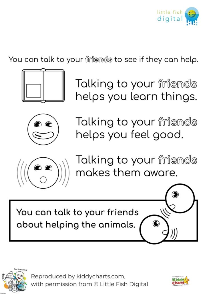 In this image, people are encouraged to talk to their friends to help each other and the environment.